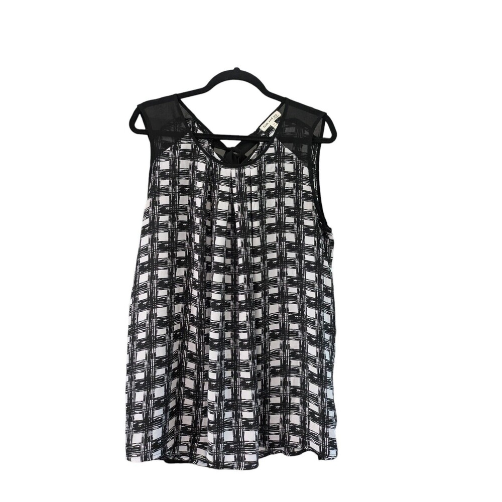 Faith and Joy Large Sleeveless Blouse Black White Geometric Work Classic Casual